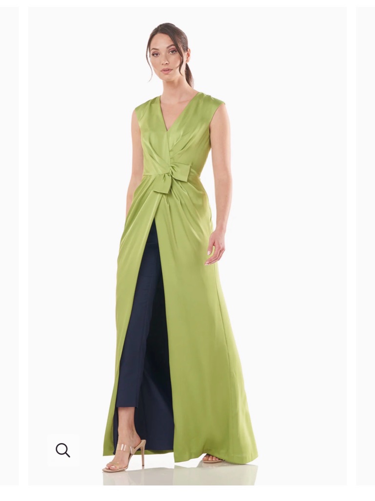 Kay Unger Lime Green V-Neck Bow Front Maxi With Navy Underlay